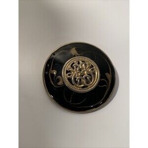 Vintage Large Modern Black Round Goldtone Brooch Pin 1990s